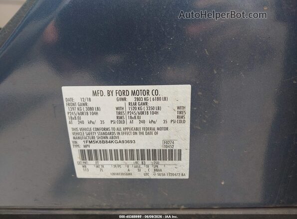 1FM5K8B84KGA93693 2019 FORD EXPLORER Синий Вид подкапотного пространства