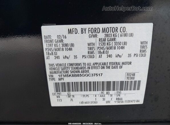 1FM5K8B85GGC37517 2016 FORD EXPLORER Черный Вид подкапотного пространства