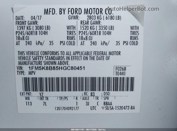 1FM5K8B85HGC80451 2017 FORD EXPLORER White Вид підкапотного простору