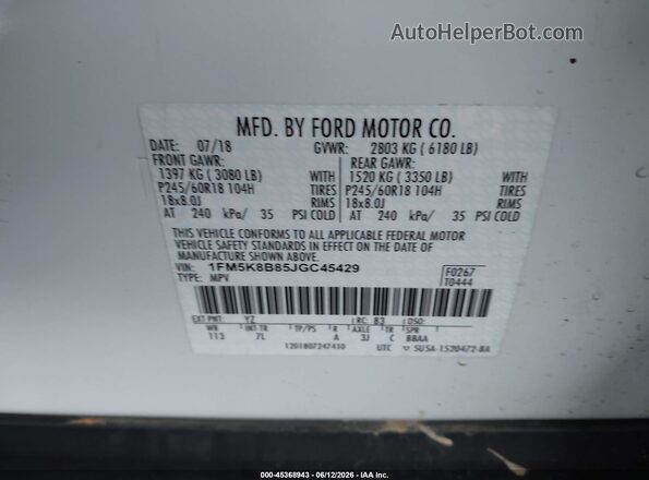 1FM5K8B85JGC45429 2018 FORD EXPLORER White Շարժիչի բաժամունքի տեսք