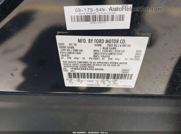 1FM5K8B85JGC45558 2018 FORD EXPLORER Черный Вид подкапотного пространства