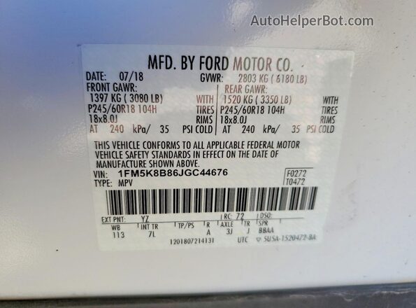 1FM5K8B86JGC44676 2018 FORD EXPLORER White Widok naklejki z numerem VIN