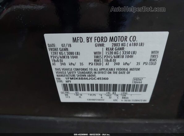 1FM5K8B86JGC45360 2018 FORD EXPLORER Black ძრავის განყოფილების ხედი