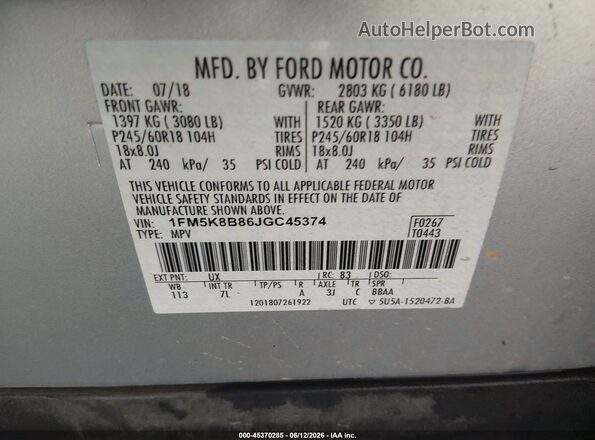 1FM5K8B86JGC45374 2018 FORD EXPLORER Silver Engine compartment view