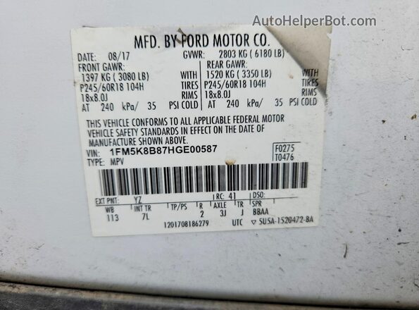 1FM5K8B87HGE00587 2017 FORD EXPLORER White Շարժիչի բաժամունքի տեսք