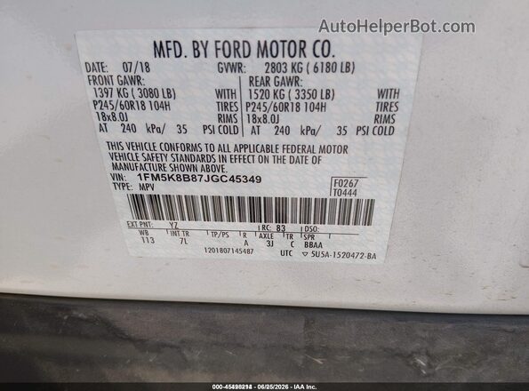 1FM5K8B87JGC45349 2018 FORD EXPLORER White Engine compartment view