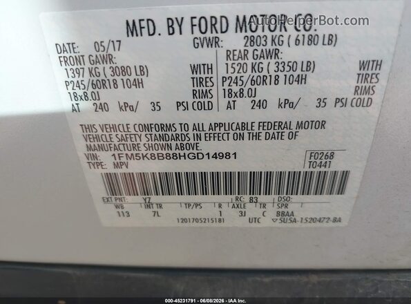 1FM5K8B88HGD14981 2017 FORD EXPLORER White Widok komory silnika