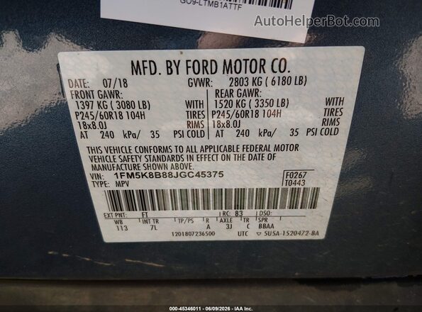 1FM5K8B88JGC45375 2018 FORD EXPLORER Blue Vista del compartimento del motor