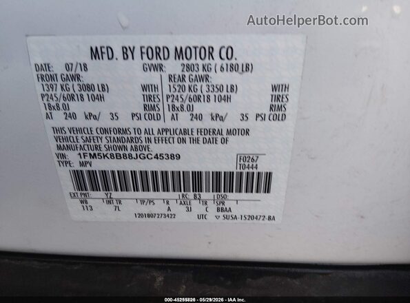 1FM5K8B88JGC45389 2018 FORD EXPLORER White Engine compartment view