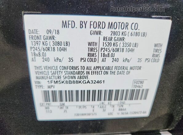 1FM5K8B88KGA32461 2019 FORD EXPLORER Black ძრავის განყოფილების ხედი