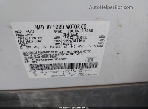 1FM5K8B89HGD18621 2017 FORD EXPLORER White Widok komory silnika