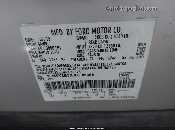 1FM5K8B8XJGC45359 2018 FORD EXPLORER Silver Вид підкапотного простору