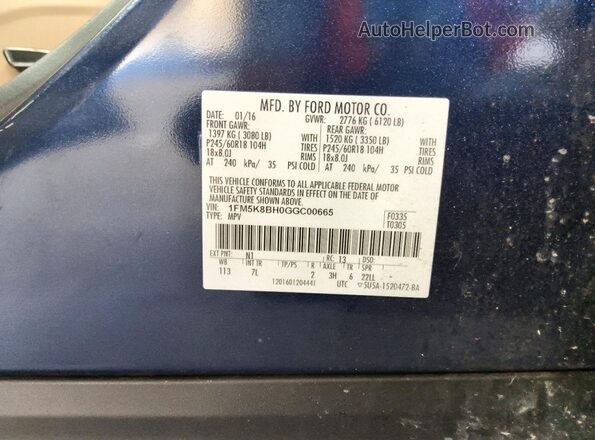 1FM5K8BH0GGC00665 2016 FORD EXPLORER Blue Vista de la etiqueta del VIN