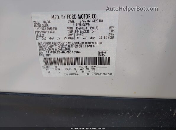 1FM5K8BH0JGC45564 2018 FORD EXPLORER White Շարժիչի բաժամունքի տեսք