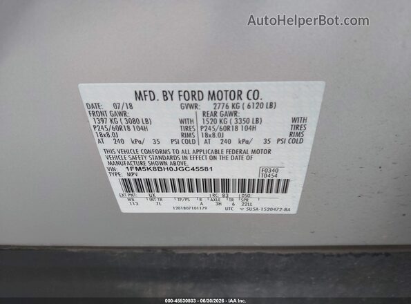 1FM5K8BH0JGC45581 2018 FORD EXPLORER Silver Շարժիչի բաժամունքի տեսք