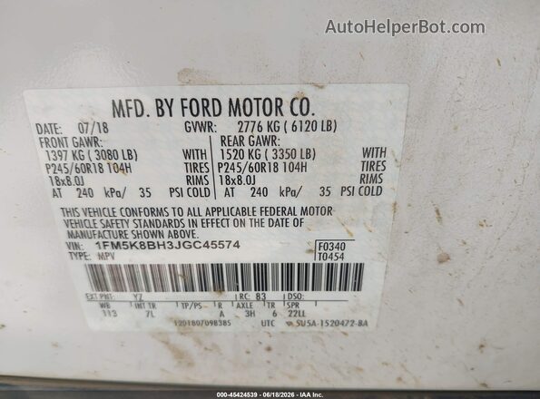 1FM5K8BH3JGC45574 2018 FORD EXPLORER White ძრავის განყოფილების ხედი