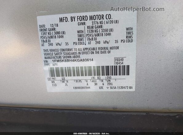 1FM5K8BH4KGA93614 2019 FORD EXPLORER Silver ძრავის განყოფილების ხედი