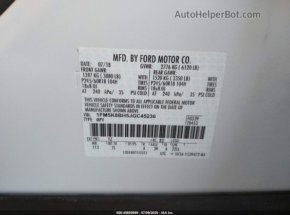 1FM5K8BH5JGC45236 2018 FORD EXPLORER White ძრავის განყოფილების ხედი