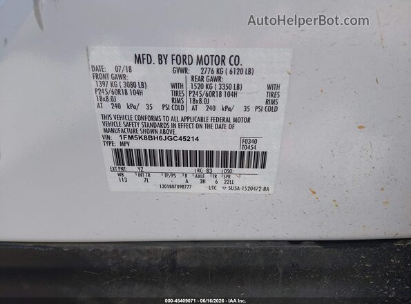 1FM5K8BH6JGC45214 2018 FORD EXPLORER White ძრავის განყოფილების ხედი