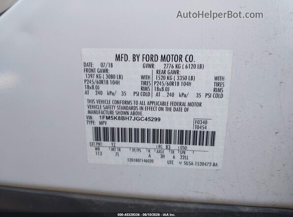 1FM5K8BH7JGC45299 2018 FORD EXPLORER White Engine compartment view