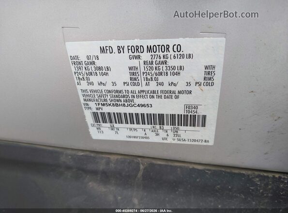 1FM5K8BH8JGC49653 2018 FORD EXPLORER White Widok komory silnika