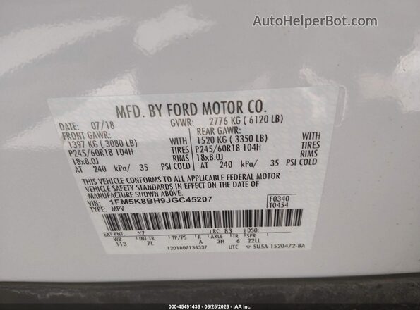 1FM5K8BH9JGC45207 2018 FORD EXPLORER White Widok komory silnika
