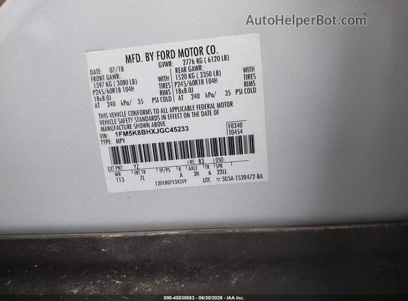 1FM5K8BHXJGC45233 2018 FORD EXPLORER White Vista del compartimento del motor