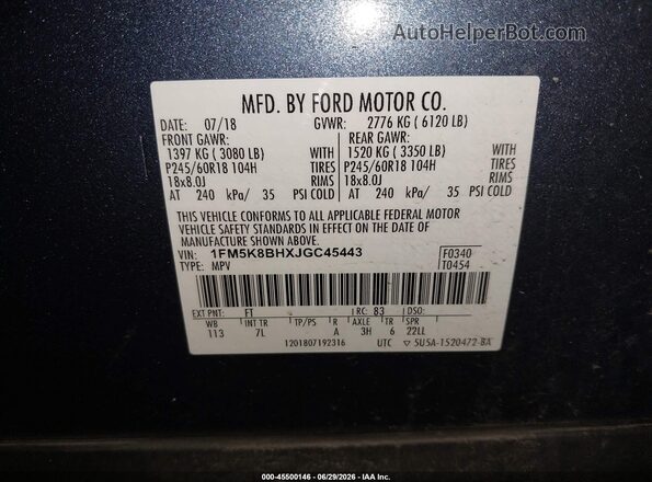 1FM5K8BHXJGC45443 2018 FORD EXPLORER Blue Widok komory silnika