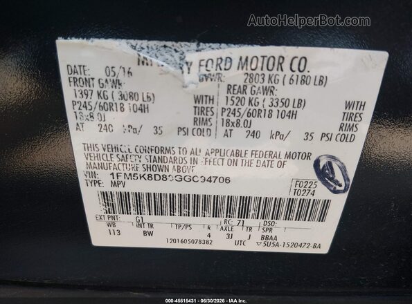 1FM5K8D80GGC94706 2016 FORD EXPLORER Black Widok komory silnika