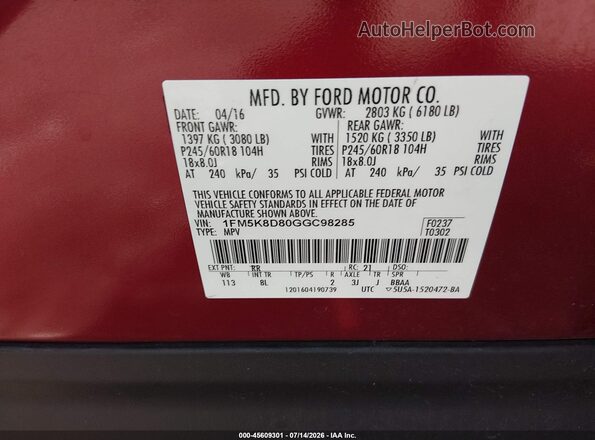 1FM5K8D80GGC98285 2016 FORD EXPLORER Red ძრავის განყოფილების ხედი