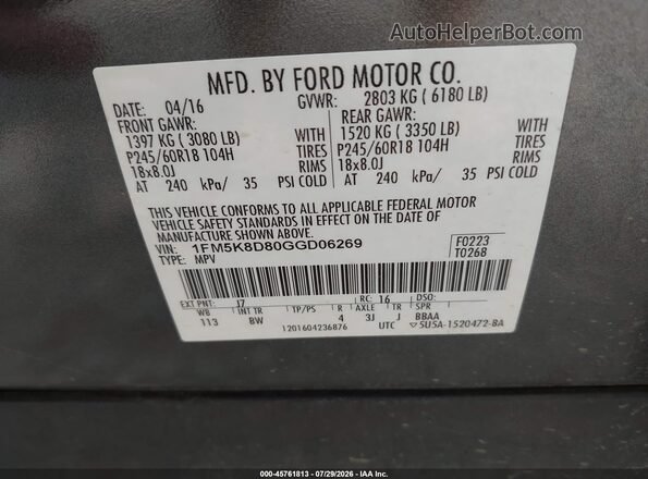 1FM5K8D80GGD06269 2016 FORD EXPLORER Gray Vista del compartimento del motor