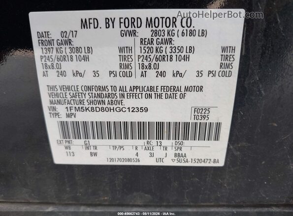 1FM5K8D80HGC12359 2017 FORD EXPLORER Black Vista del compartimento del motor