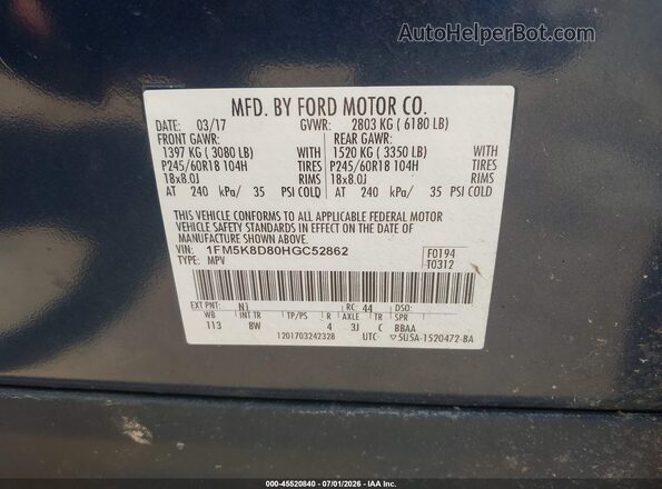 1FM5K8D80HGC52862 2017 FORD EXPLORER Blue Вид підкапотного простору