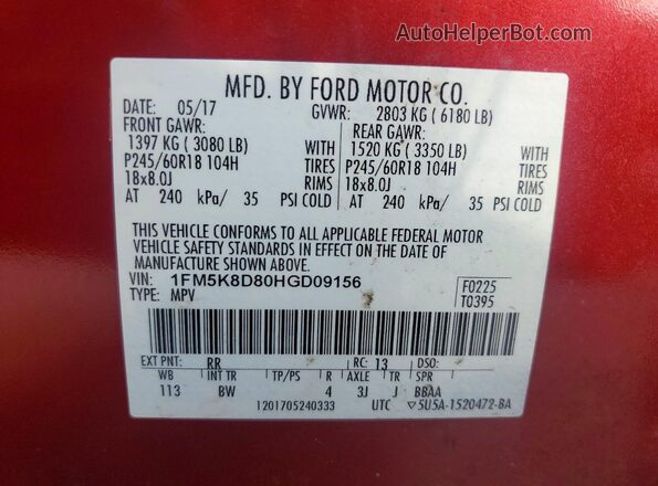 1FM5K8D80HGD09156 2017 FORD EXPLORER Red Widok naklejki z numerem VIN