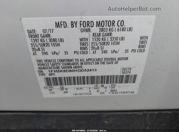1FM5K8D80HGD52413 2017 FORD EXPLORER White ძრავის განყოფილების ხედი