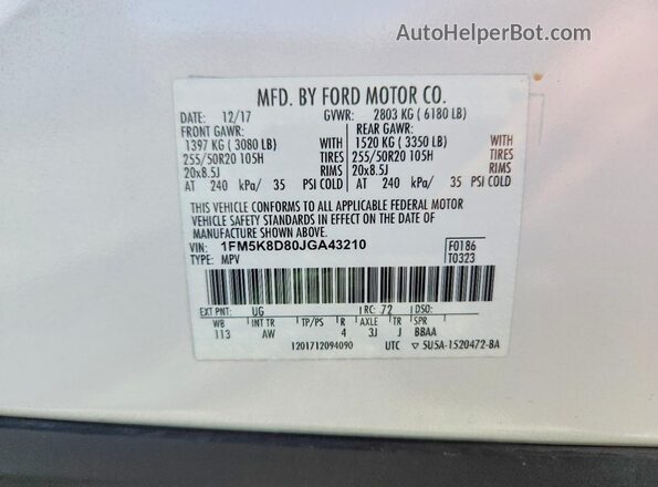 1FM5K8D80JGA43210 2018 FORD EXPLORER White VIN կոդի պիտակի տեսք