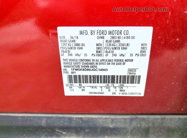 1FM5K8D80JGC14943 2018 FORD EXPLORER Red Вид наклейки з VIN-кодом