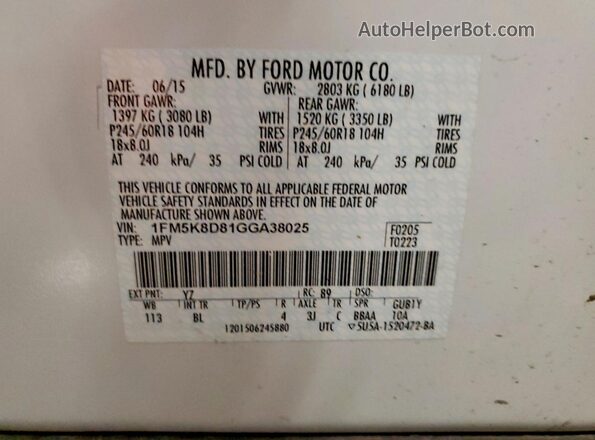 1FM5K8D81GGA38025 2016 FORD EXPLORER White Vista interior de 360 grados