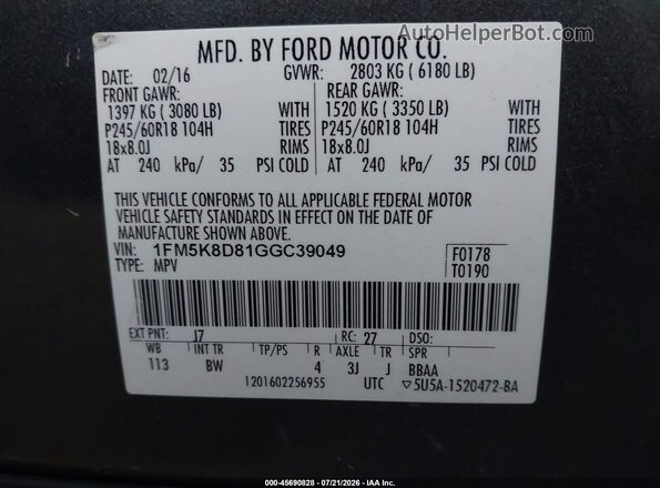 1FM5K8D81GGC39049 2016 FORD EXPLORER Зеленый Вид подкапотного пространства