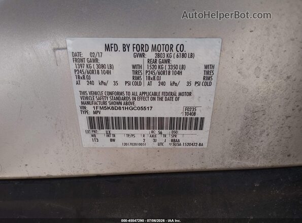1FM5K8D81HGC05517 2017 FORD EXPLORER Silver Вид підкапотного простору