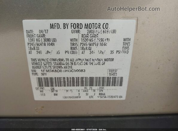 1FM5K8D81HGC90083 2017 FORD EXPLORER Gold ძრავის განყოფილების ხედი