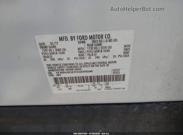 1FM5K8D81HGD09246 2017 FORD EXPLORER Белый Вид подкапотного пространства