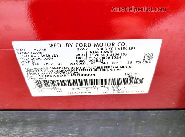 1FM5K8D81JGC40094 2018 FORD EXPLORER Red VIN კოდის სტიკერის ხედი