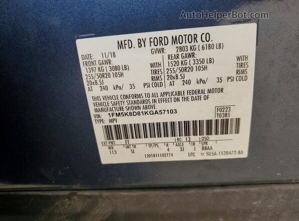 1FM5K8D81KGA57103 2019 FORD EXPLORER Blue VIN sticker view