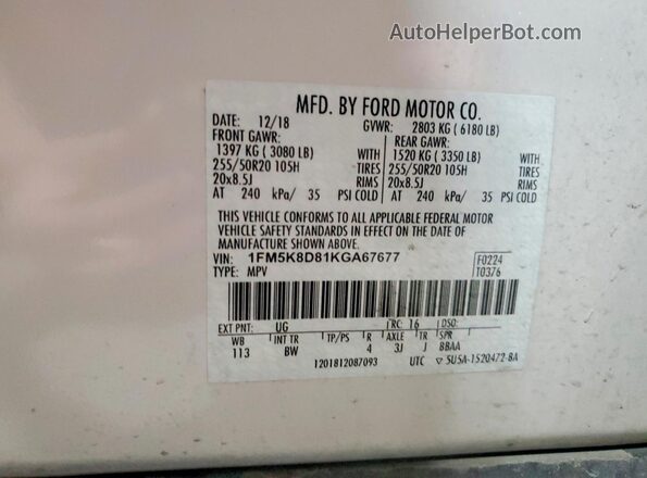 1FM5K8D81KGA67677 2019 FORD EXPLORER White VIN կոդի պիտակի տեսք