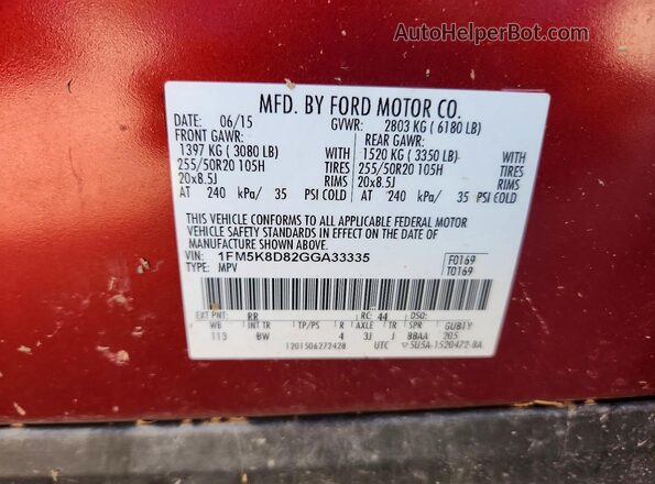 1FM5K8D82GGA33335 2016 FORD EXPLORER Red Вид підкапотного простору
