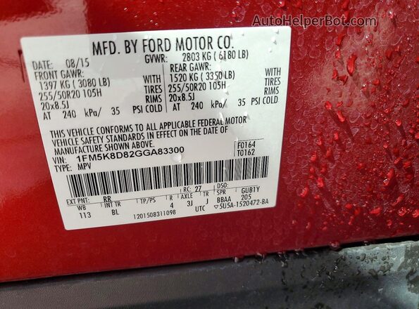 1FM5K8D82GGA83300 2016 FORD EXPLORER Red Вид наклейки з VIN-кодом