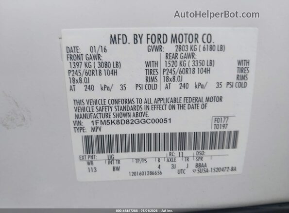 1FM5K8D82GGC00051 2016 FORD EXPLORER White Widok komory silnika