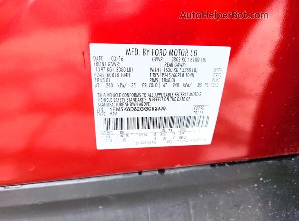 1FM5K8D82GGC62338 2016 FORD EXPLORER Red VIN կոդի պիտակի տեսք