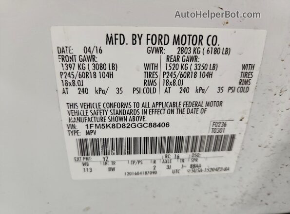 1FM5K8D82GGC88406 2016 FORD EXPLORER White Вид підкапотного простору